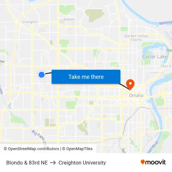 Blondo & 83rd NE to Creighton University map