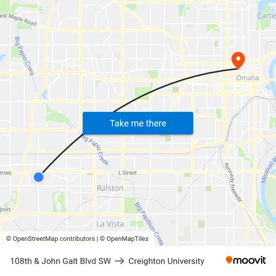 108th & John Galt Blvd SW to Creighton University map