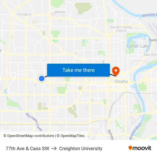 77th Ave & Cass SW to Creighton University map
