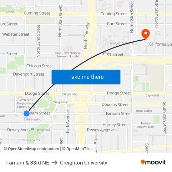 Farnam & 33rd NE to Creighton University map