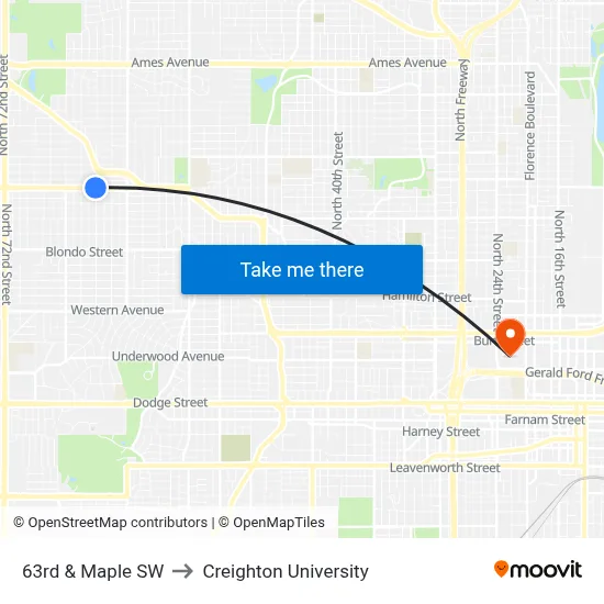 63rd & Maple SW to Creighton University map