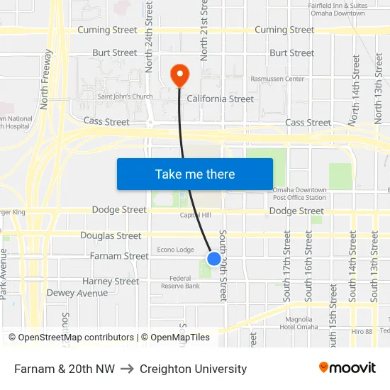 Farnam & 20th NW to Creighton University map