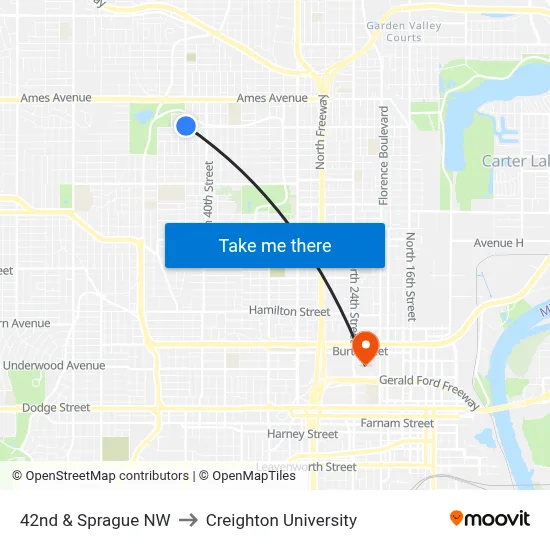 42nd & Sprague NW to Creighton University map