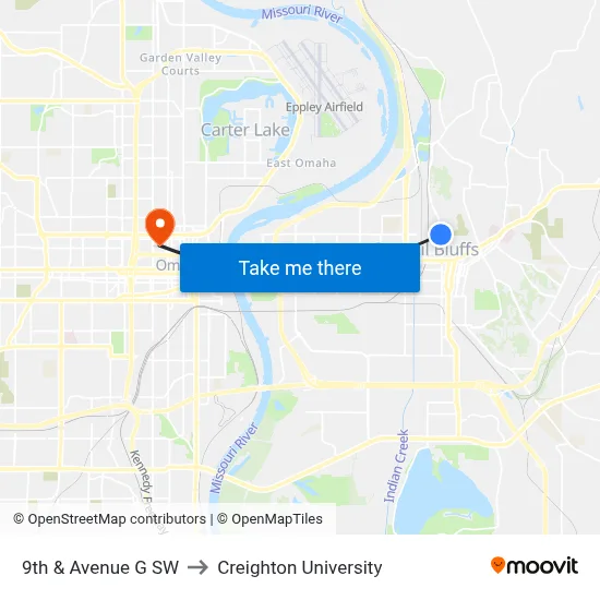 9th & Avenue G SW to Creighton University map