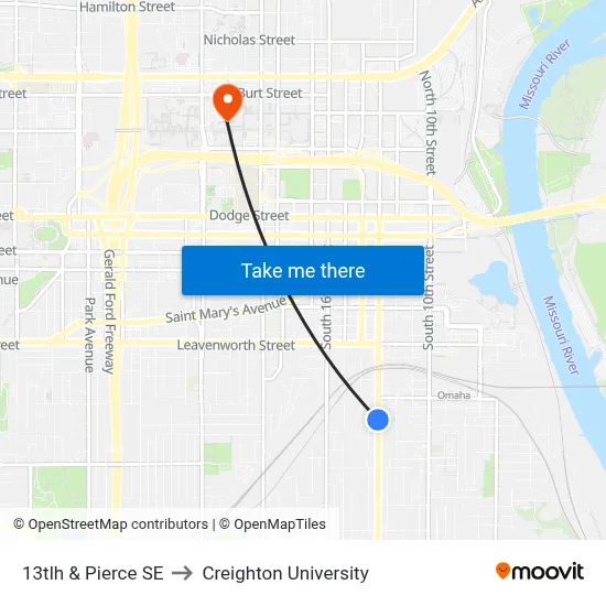 13tlh & Pierce SE to Creighton University map