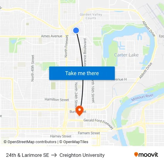 24th & Larimore SE to Creighton University map