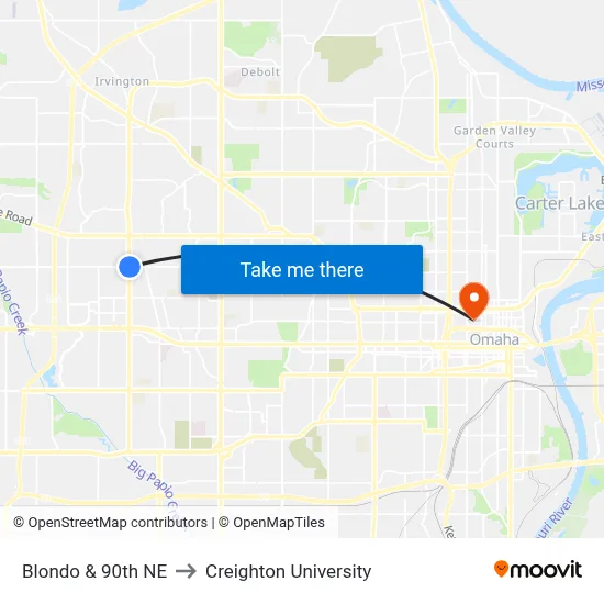 Blondo & 90th NE to Creighton University map