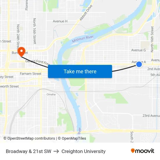 Broadway & 21st SW to Creighton University map