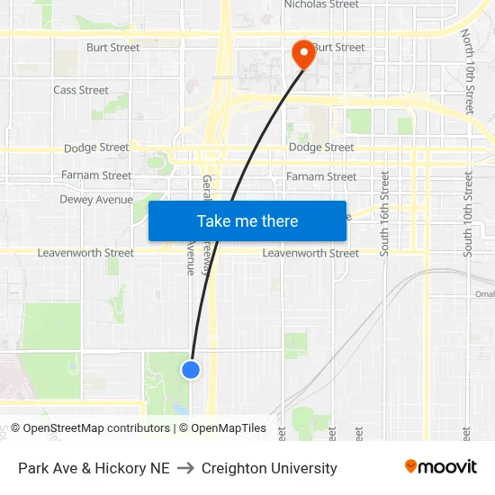 Park Ave & Hickory NE to Creighton University map