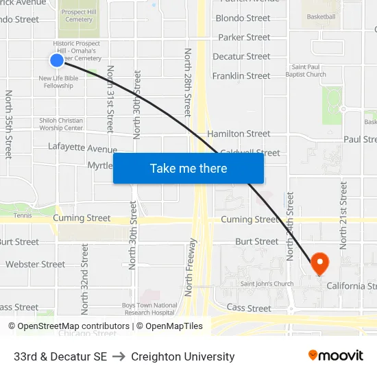33rd & Decatur SE to Creighton University map