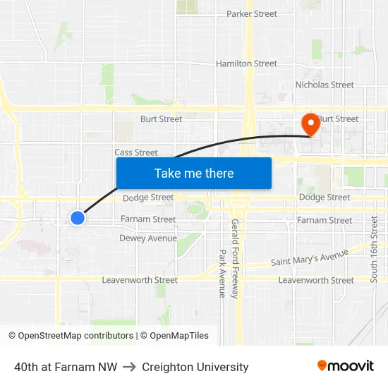 40th at Farnam NW to Creighton University map