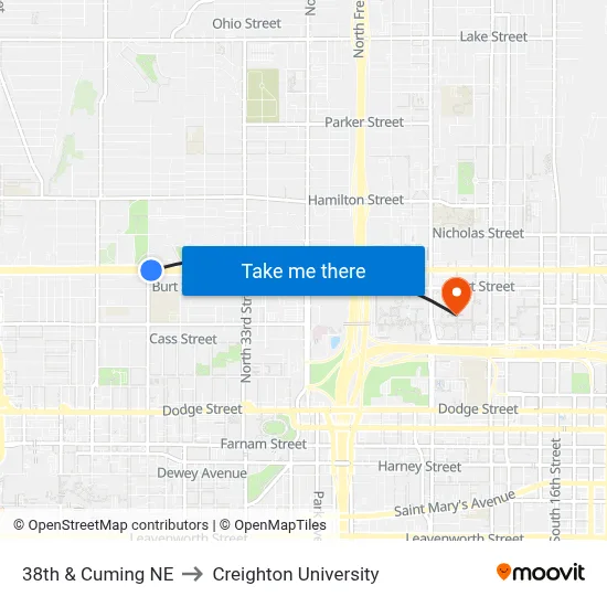 38th & Cuming NE to Creighton University map