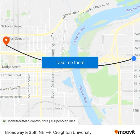 Broadway & 35th NE to Creighton University map