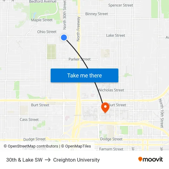 30th & Lake SW to Creighton University map