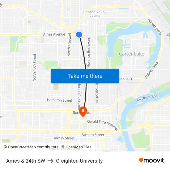 Ames & 24th SW to Creighton University map
