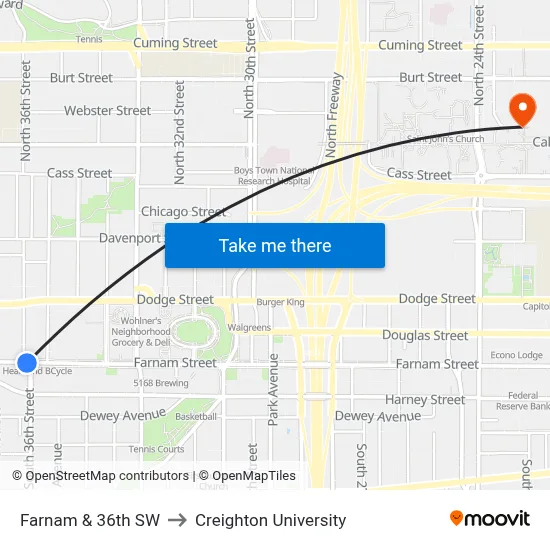Farnam & 36th SW to Creighton University map