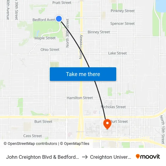 John Creighton Blvd & Bedford NE to Creighton University map