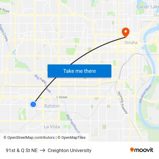 91st & Q St NE to Creighton University map