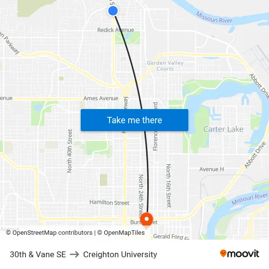 30th & Vane SE to Creighton University map