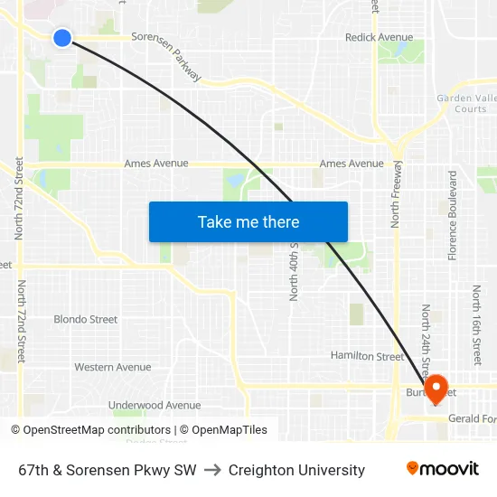 67th & Sorensen Pkwy SW to Creighton University map