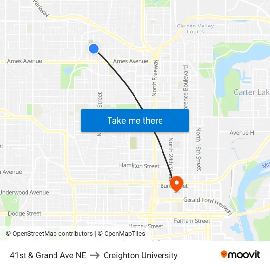 41st & Grand Ave NE to Creighton University map