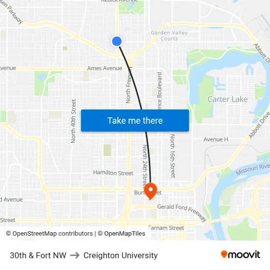 30th & Fort NW to Creighton University map