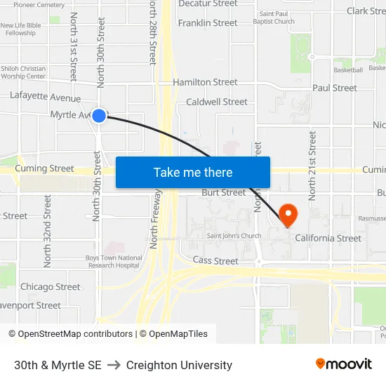 30th & Myrtle SE to Creighton University map