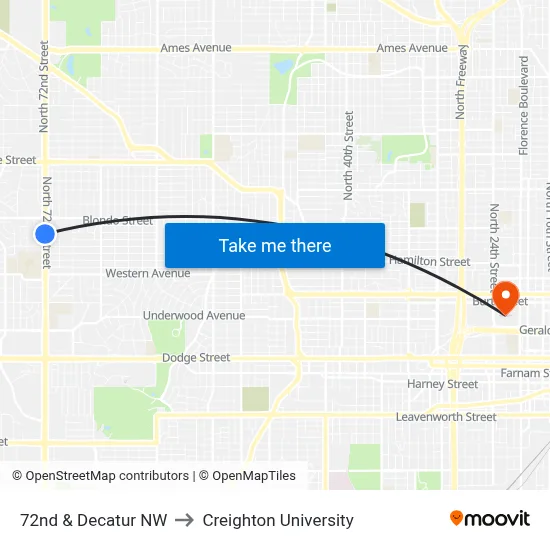72nd & Decatur NW to Creighton University map