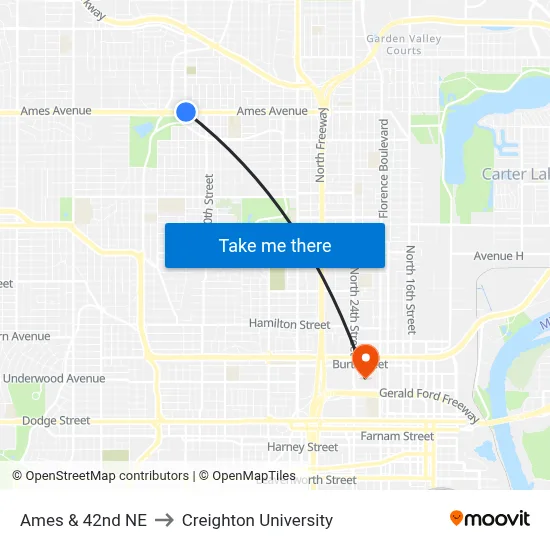 Ames & 42nd NE to Creighton University map