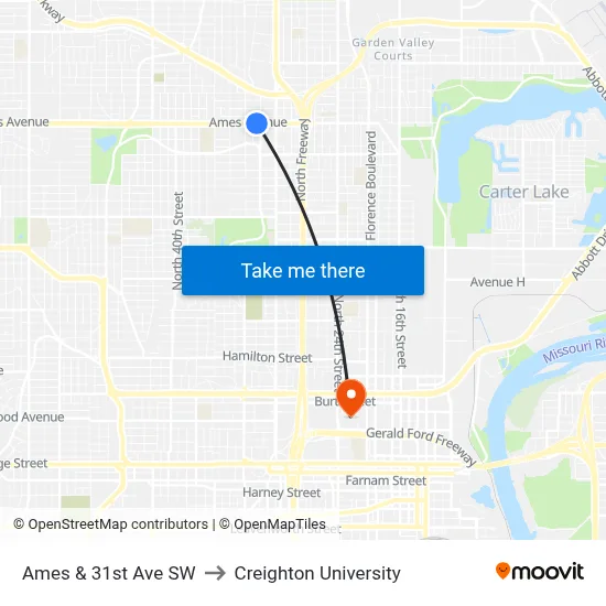 Ames & 31st Ave SW to Creighton University map