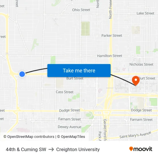 44th & Cuming SW to Creighton University map
