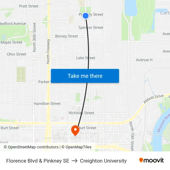 Florence Blvd & Pinkney SE to Creighton University map