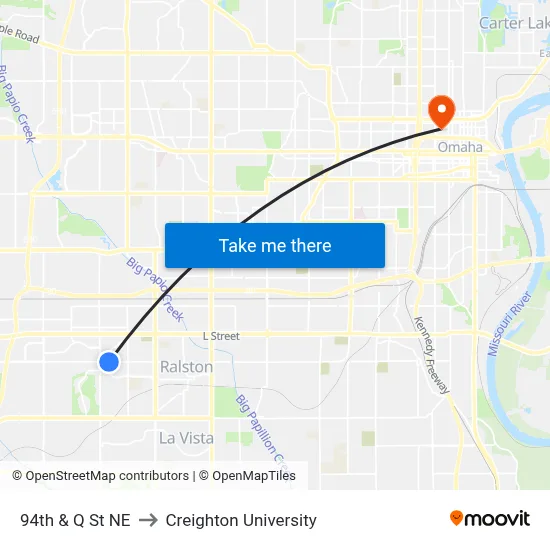 94th & Q St NE to Creighton University map