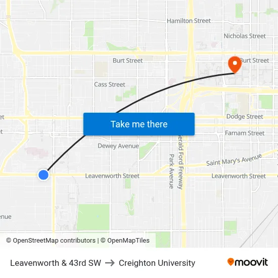 Leavenworth & 43rd SW to Creighton University map