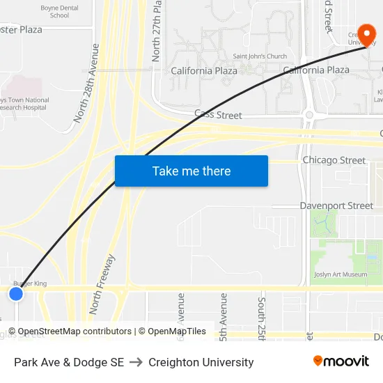 Park Ave & Dodge SE to Creighton University map