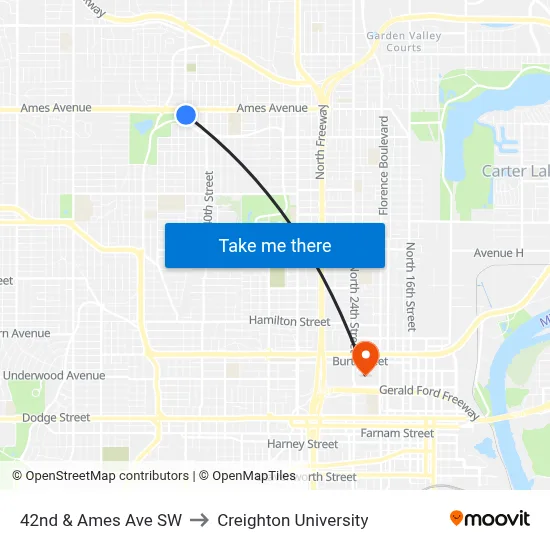 42nd & Ames Ave SW to Creighton University map