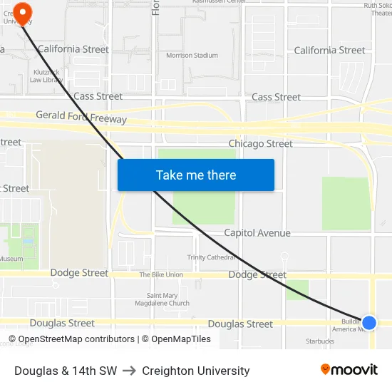 Douglas & 14th SW to Creighton University map