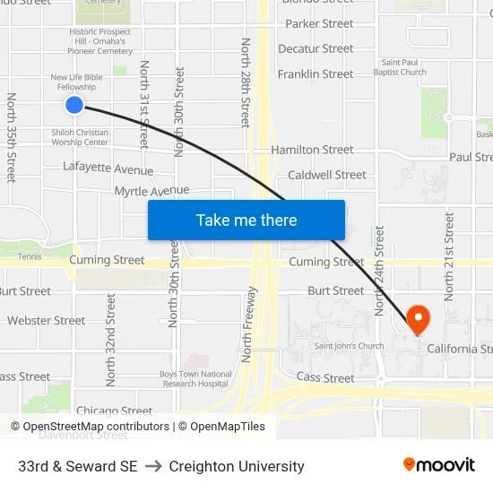 33rd & Seward SE to Creighton University map