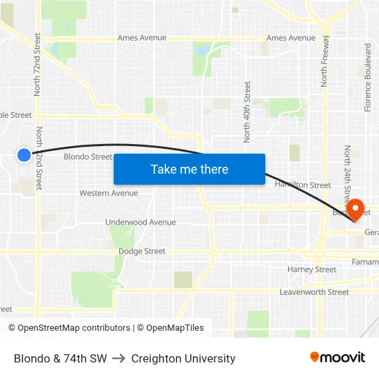 Blondo & 74th SW to Creighton University map