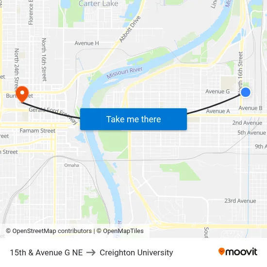 15th & Avenue G NE to Creighton University map