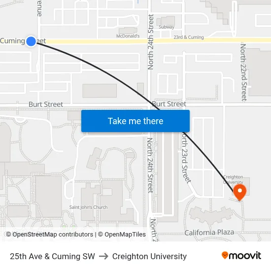 25th Ave & Cuming SW to Creighton University map
