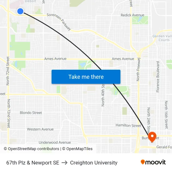 67th Plz & Newport SE to Creighton University map