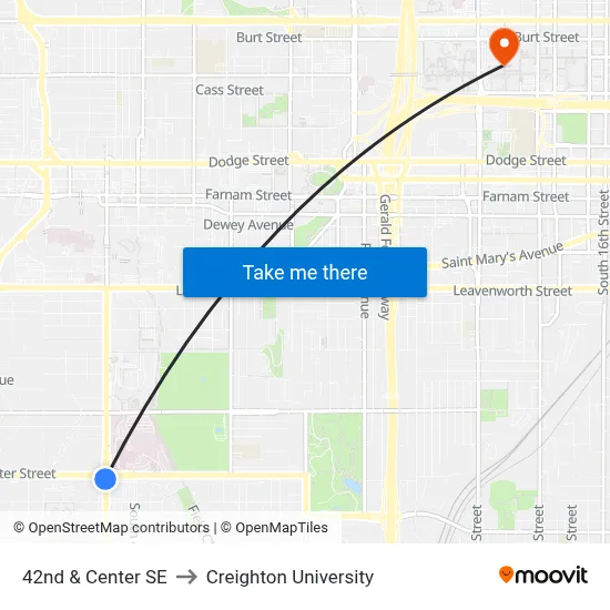 42nd & Center SE to Creighton University map