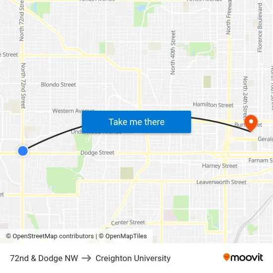 72nd & Dodge NW to Creighton University map