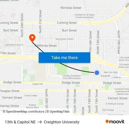 13th & Capitol NE to Creighton University map