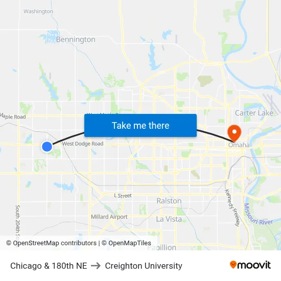 Chicago & 180th NE to Creighton University map