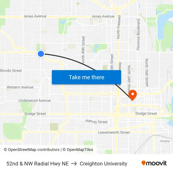 52nd & NW Radial Hwy NE to Creighton University map