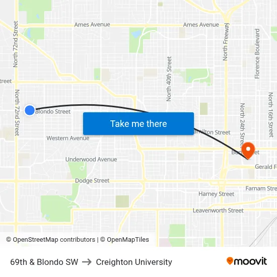 69th & Blondo SW to Creighton University map