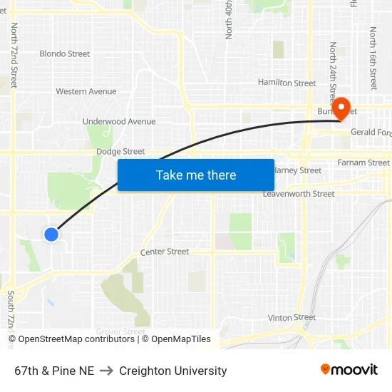 67th & Pine NE to Creighton University map