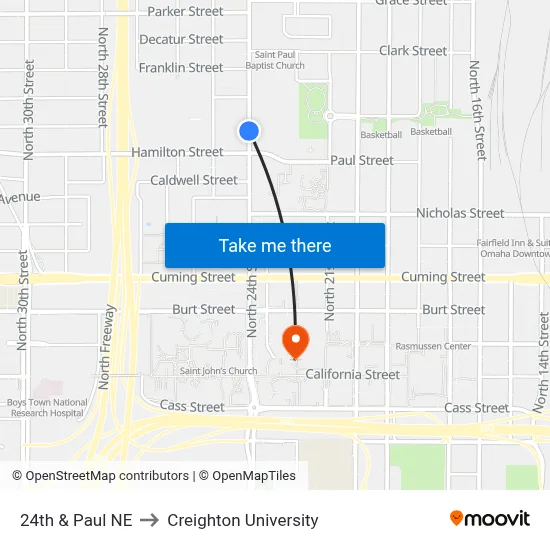 24th & Paul NE to Creighton University map